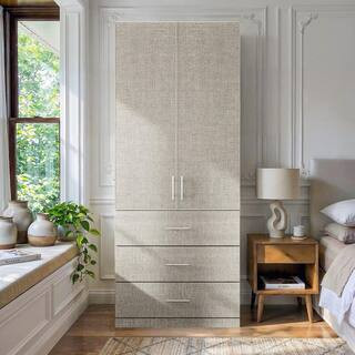 Light Gray Engineered Wood 31.5 in. Wardrobe Armoire with Hanging Rod, Double Doors, 3 Drawers and for Bedroom Storage | The Home Depot