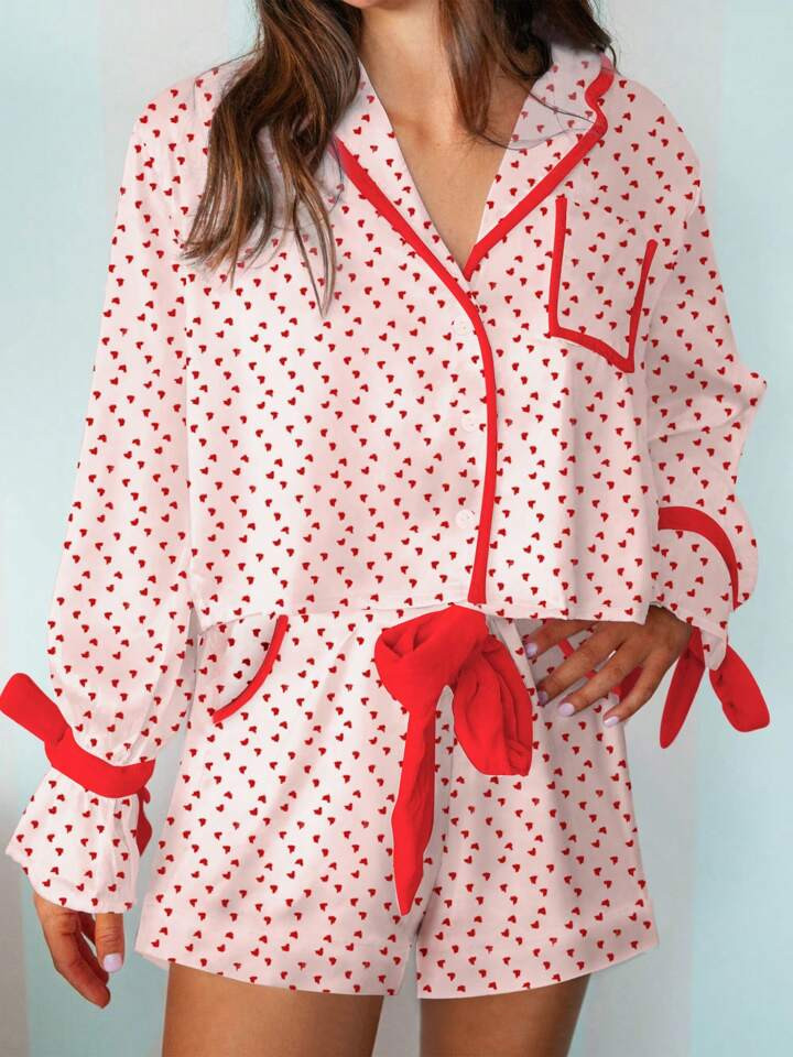 Women Valentine's Day 2 Piece Pajamas Set Y2K Bow Hearts Print Bow Tie Long Sleeve Button Down Sh... | SHEIN