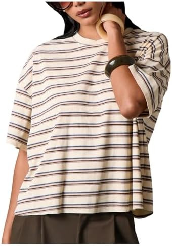 OYOANGLE Women's Oversized Striped T Shirts Ribbed Knit Y2k Going Out Tops | Amazon (US)