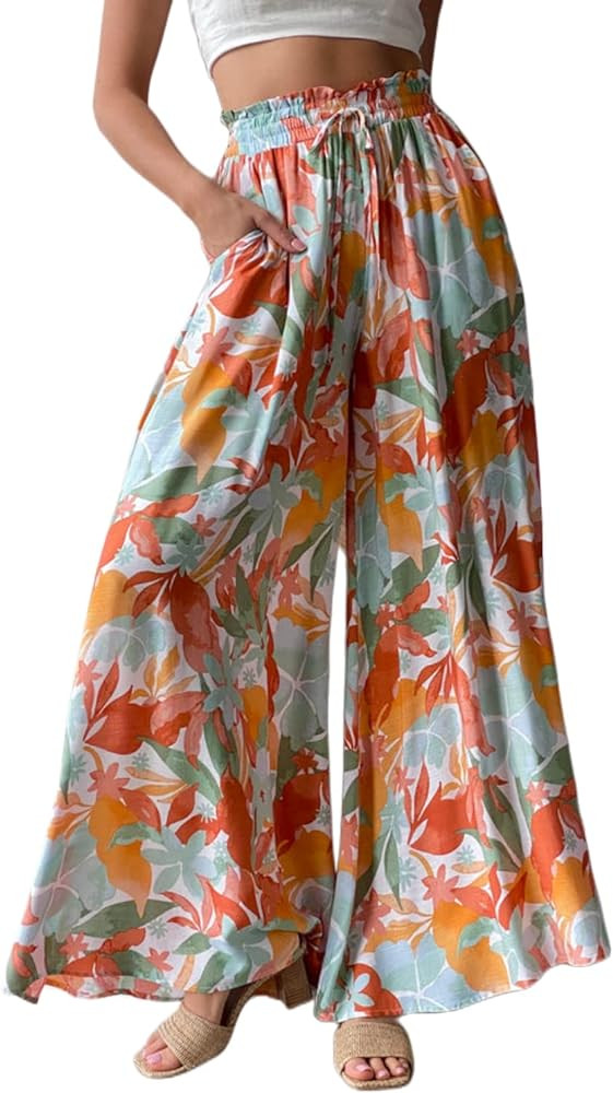 YOCUR Women Summer Beach Vacation Pants High Waisted Wide Leg Pants Printed Loose Flowy Palazzo L... | Amazon (US)