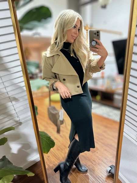 Rainy night look in OC 💕 the turtleneck midi dress is old from target! I love these wide calf boots! It’s so hard to find boots that fit my wide calves and these are perfect. The cropped trench is going to be a basic I wear for life 🤌🏼 

#LTKFind #LTKunder100 #LTKfit