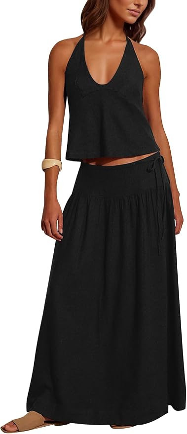Women 2 Piece Skirt Set Summer V Neck Backless Halter Cami Crop Top and Flowy A Line Maxi Skirt T... | Amazon (US)