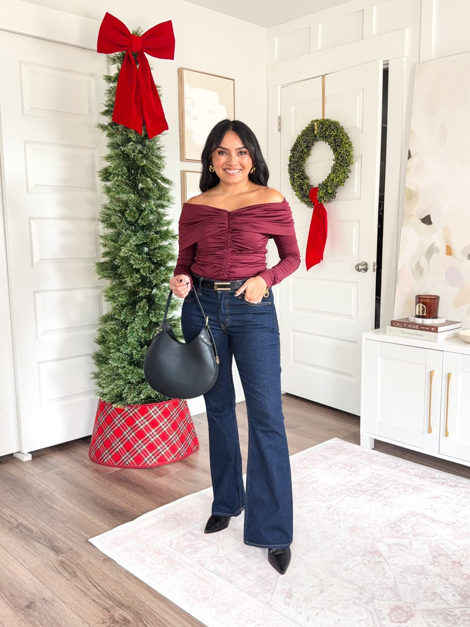 Burgundy pome fruit color off the shoulder top size xxs regular TTS
Dark rinse mid rise bootcut jeans size 26 short TTS
Black buckle belt size xs TTS
Black boots size 5.5 TTS


#LTKGiftGuide #LTKHoliday #LTKPetite