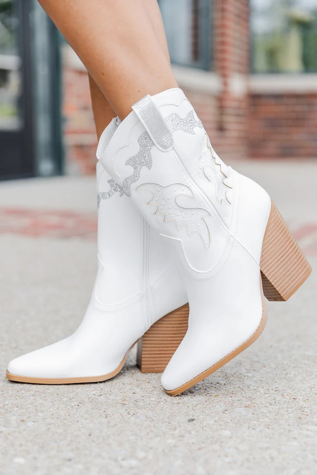 Kayla White Rhinestone Detail Cowboy Bootie FINAL SALE | Pink Lily