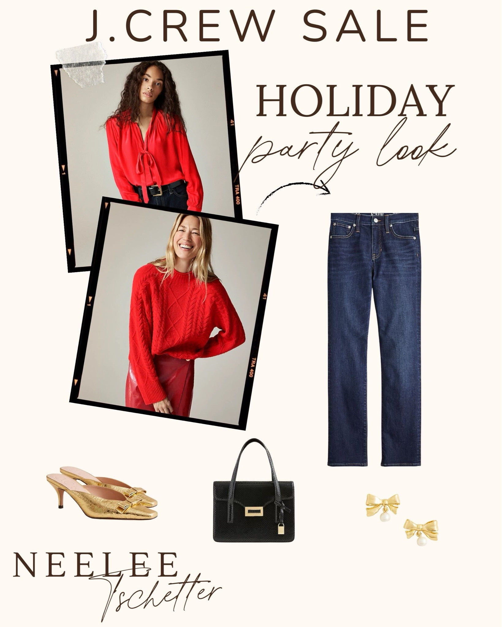 Red will always be a festive holiday look  sale finds from J.Crew ♥️

J.CREW IS HAVING THEIR FRIENDS & FAMILY SALE!
30% OFF SITEWIDE
*40% OFF SWEATERS & OUTERWEAR
*SOME SALE ITEMS ARE AN ADDITIONAL 50% OFF
*Online only*

Red blouse, red sweater, dressy denim, slim straight leg denim, evening denim , jcrew sale, golden shoes, bow earrings, evening bag, 

#LTKHoliday #LTKOver40 #LTKParties