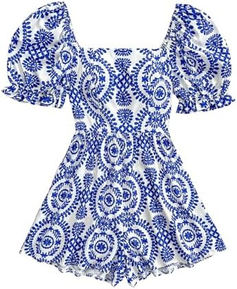 Milumia Women's Boho Floral Print Square Neck Puff Short Sleeve Rompers Jumpsuit | Amazon (US)