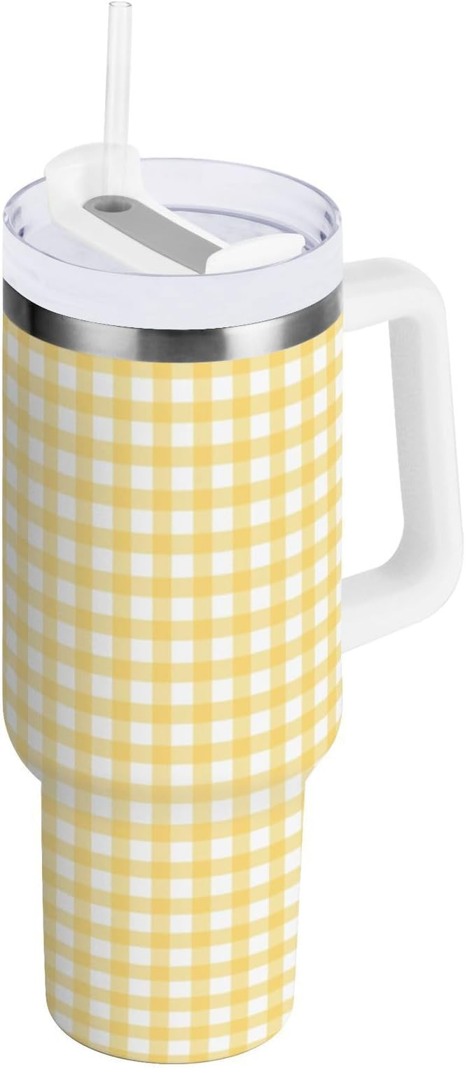 30 oz Tumbler with Handle and Straw Lid | Yellow Gingham Insulated Cup Reusable Stainless Steel W... | Amazon (US)