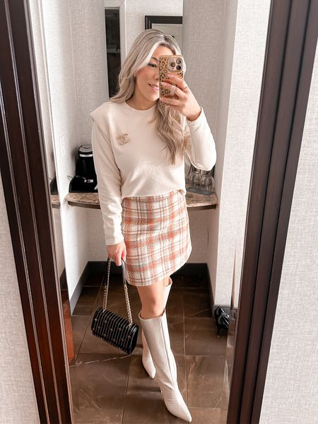 Outfit of the day. Tweed skirt. Ivory sweater. Nude high knee boots. Work outfit. Business outfit. Business meeting style. 

#LTKitbag #LTKstyletip #LTKworkwear