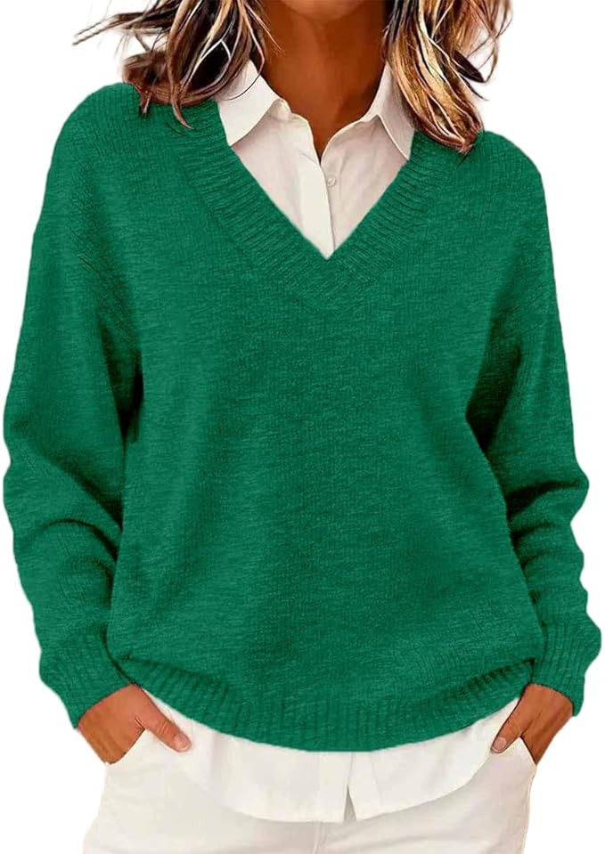 Womens Long Sleeve V Neck Knit Pullover Sweaters 2025 Casual Soft Loose Fit Basic Jumper Tops | Amazon (US)