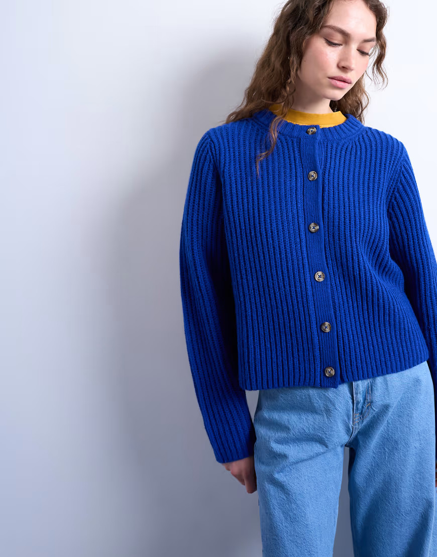 Topshop knit ribbed crew relaxed button cardigan in blue | ASOS (Global)