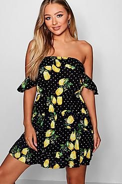 Lemon + Polka Dot Ruffle Shoulder Mini Dress | Boohoo.com (US & CA)