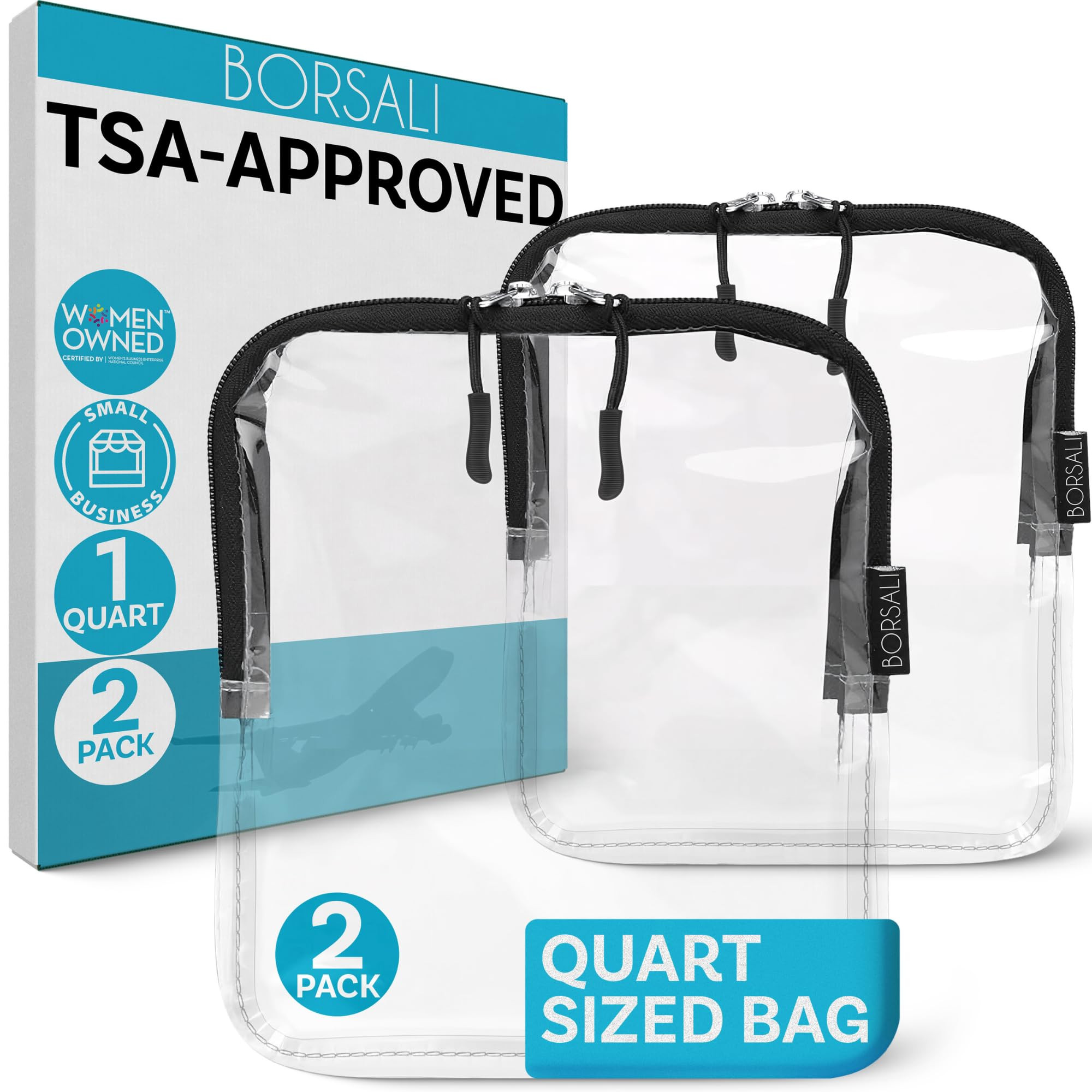 BORSALI TSA Approved Toiletry Bag - Clear Quart Size for 3-1-1 LIquids for Carry On Travel - Toiletries Organizer - Cosmetic Pouch with Zipper - Travel Accessories - 2 Pack | Amazon (US)