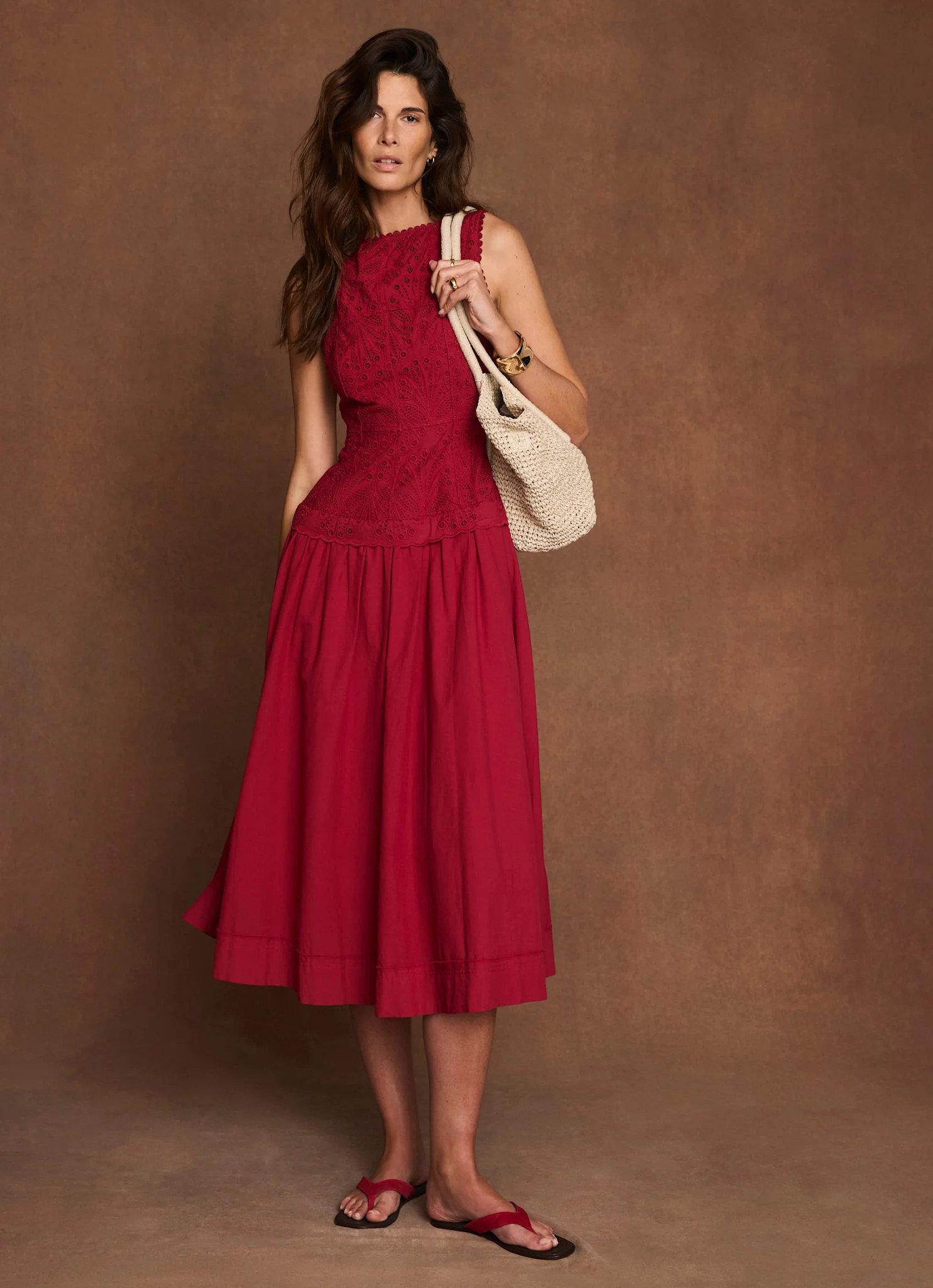 Red Cotton Broderie Midi Dress | Mint Velvet - US