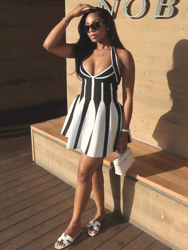 Slim Fit Dress For Women Halter V Neck A-Line Mini Black White Color Block Patchwork Sleeveless Slim Fit | SHEIN