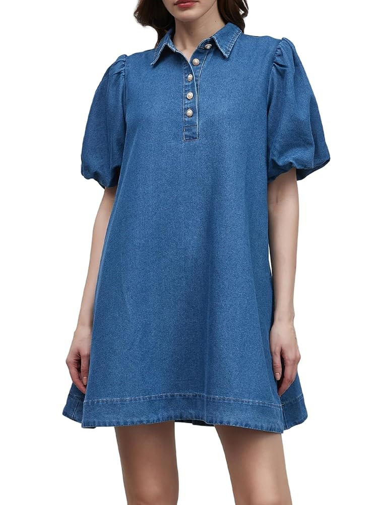 LifeShe Babydoll Denim Dress for Women Puff Sleeve Flowy Mini Jeans Dresses Button Down Jean Romp... | Amazon (US)