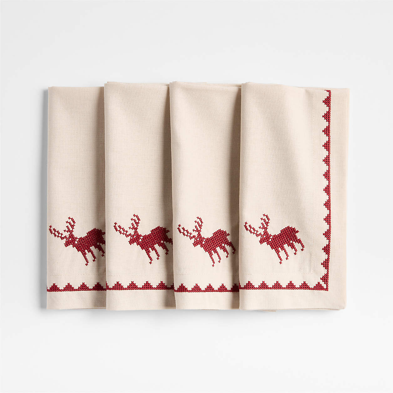 Red Cross Stitch Holiday Reindeer Dinner Napkins, Set of 4 | Crate & Barrel | Crate & Barrel