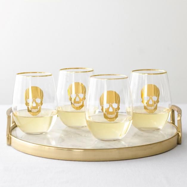 Gold Skull Stemless Wine Glasses, Set of Four | Grandin Road | Grandin Road