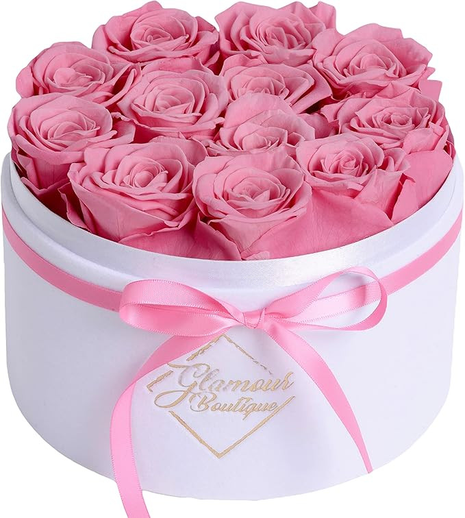 GLAMOUR BOUTIQUE Flower Forever Gift Box 12 Real Preserved Roses in Round Velvet White Box, Handm... | Amazon (US)