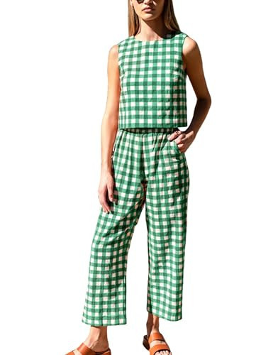 Gozoloma Women's Gingham 2 Piece Set Tank Top and Loose Fit Pants with Pockets Casual Summer Matching Outfits(Green-L) | Amazon (US)