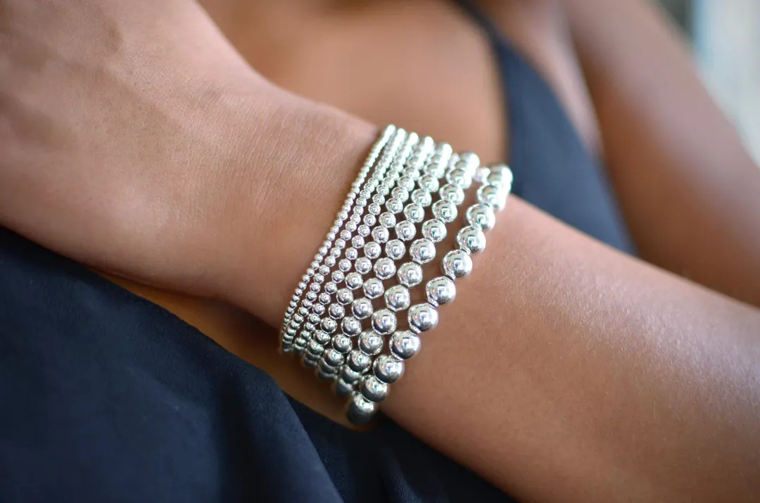 Sterling Silver Bead Bracelet Minimalist Sterling Silver Bead Stretch Bracelet – Stacking, Dain... | Etsy (US)