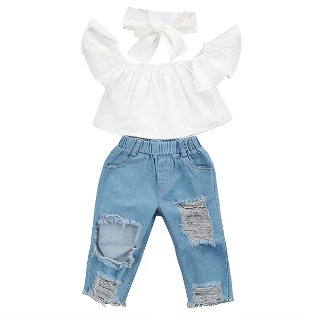 2Pcs Toddler Girls Off Shoulder White Top Kids Girl Off Shoulder Tops Hole Denim Jeans Sky Blue O... | Walmart (US)