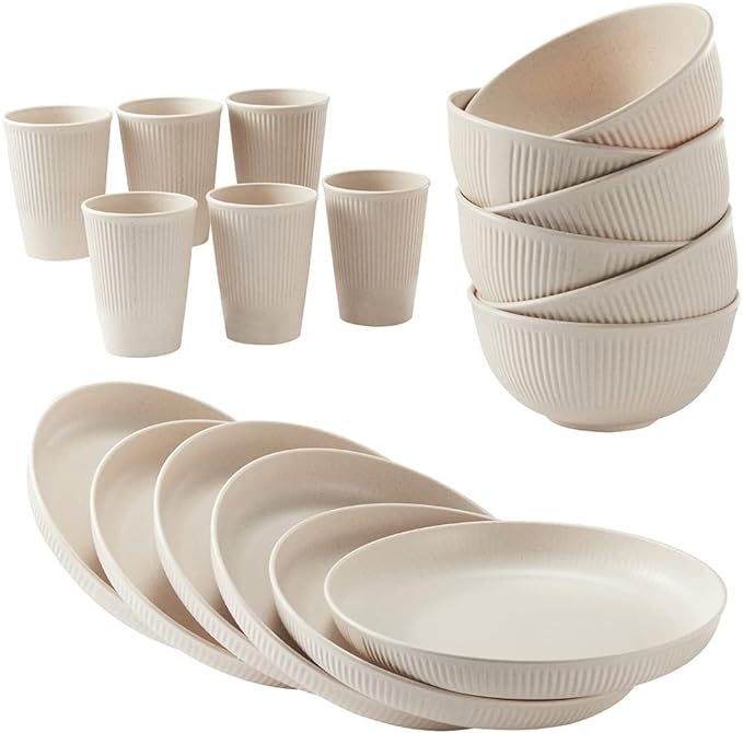 18pcs Wheat Straw Dinnerware Sets HXYPN Unbreakable Reusable Dinnerware Set Kitchen Cups Plates a... | Amazon (US)