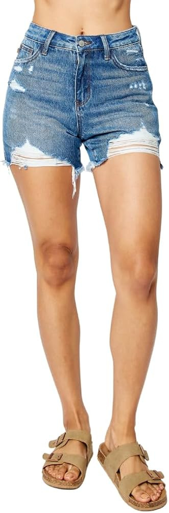 Judy Blue High Waist Rigid Magic Destroy & Fray Hem Shorts | Amazon (US)