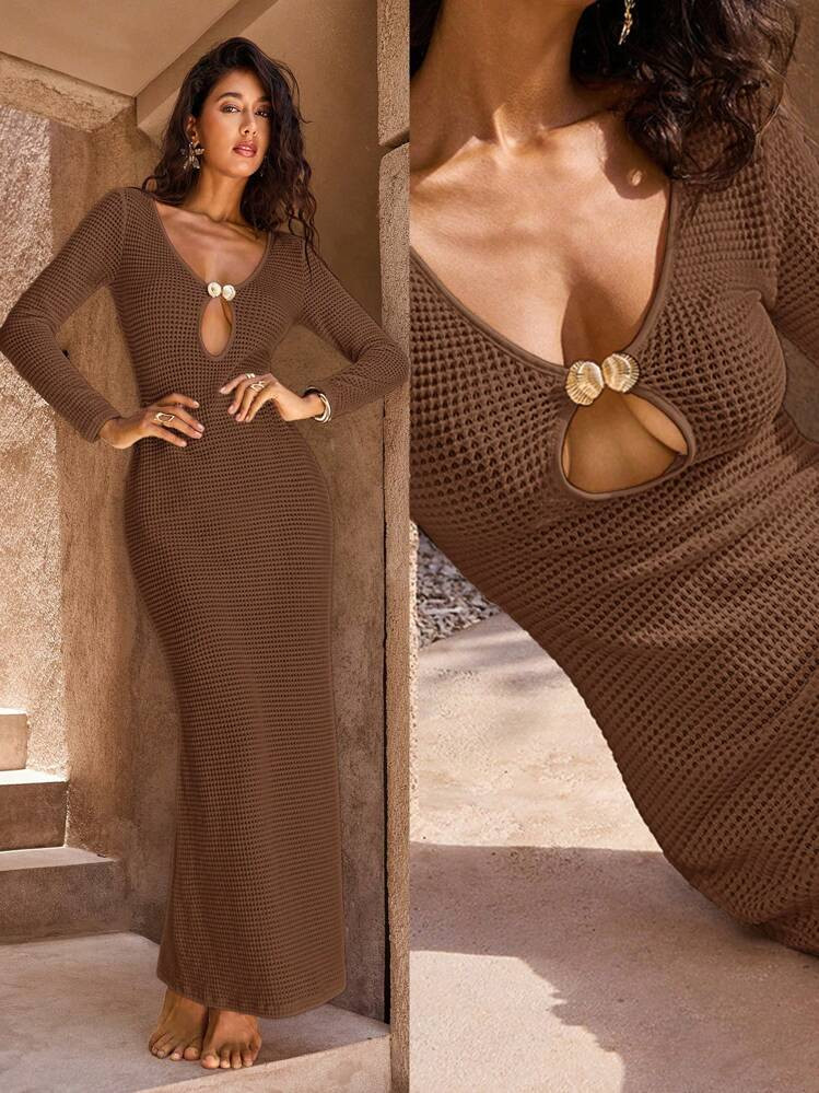 Opulessa Fall And Winter Christmas Wedding Cocktail Party Formal Gown 1pc Women's Solid Color Knit V-Neck Long Sleeve Fishtail Dress, For Vacation,Bohemia, Suitable For Going Out, Concert, Party, Club Outfits, Date, Night Out,Vacation ,Beach Outfits,Garden Wedding Guest Dress, Elegant Dress For Women, Concert, Party, Club Outfits, Valentine's Day | SHEIN USA | SHEIN