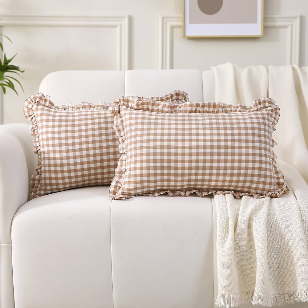 2 Pack Taupe Plaid Ruffle Lumbar Pillow Shams 12x20 inches, Washed Cotton Camel Brown Gingham Che... | Amazon (US)