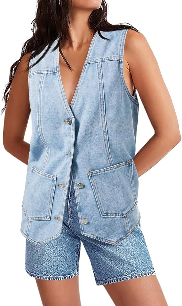 Tankaneo Denim Vest for Women Casual V Neck Button Down Sleeveless Jean Jacket | Amazon (US)