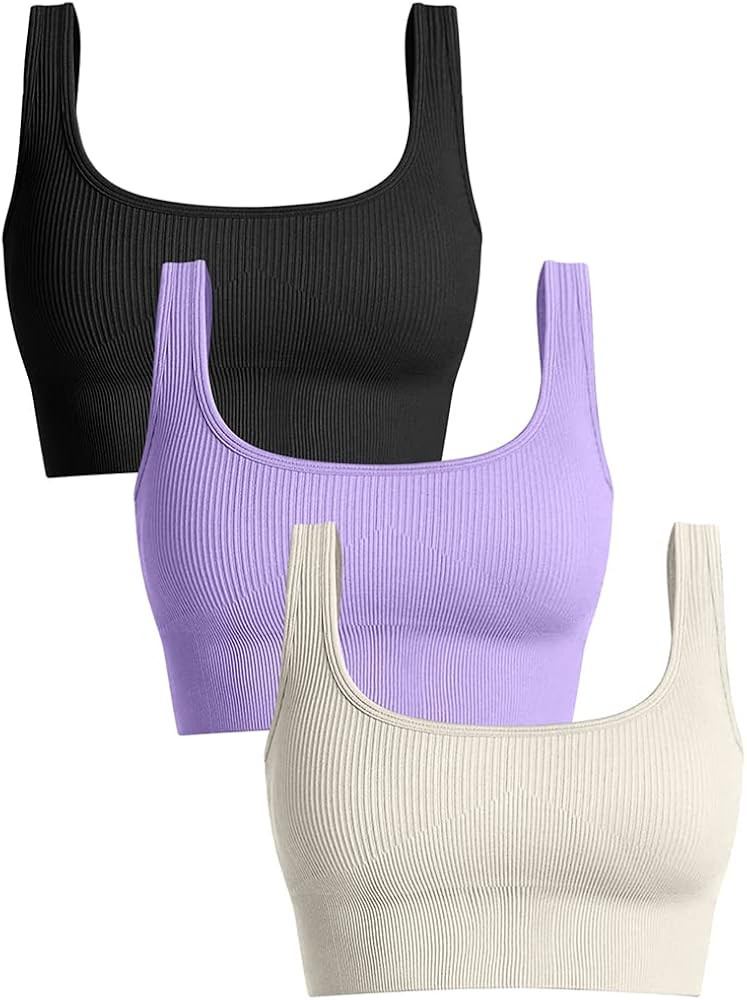 OQQ Women's 3 Piece Medium Support Tank Top Ribbed Seamless Removable Cups Workout Exercise Sport... | Amazon (US)
