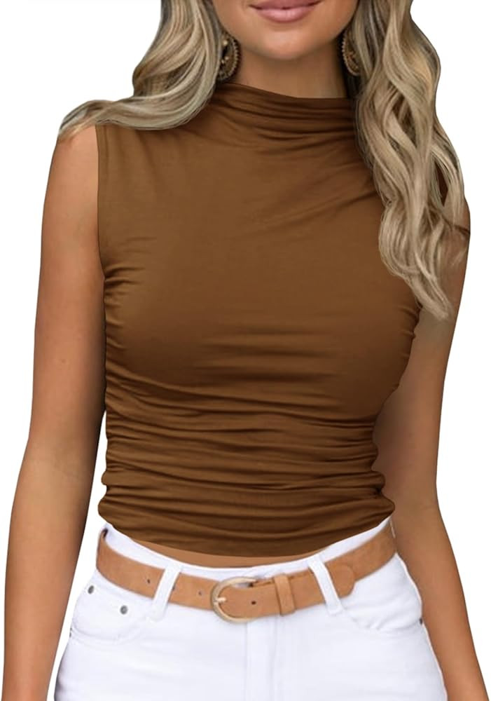 Tankaneo Womens Sleeveless Mock Turtleneck Tank Tops Slim Fitted Ruched Crop Top Shirts | Amazon (US)