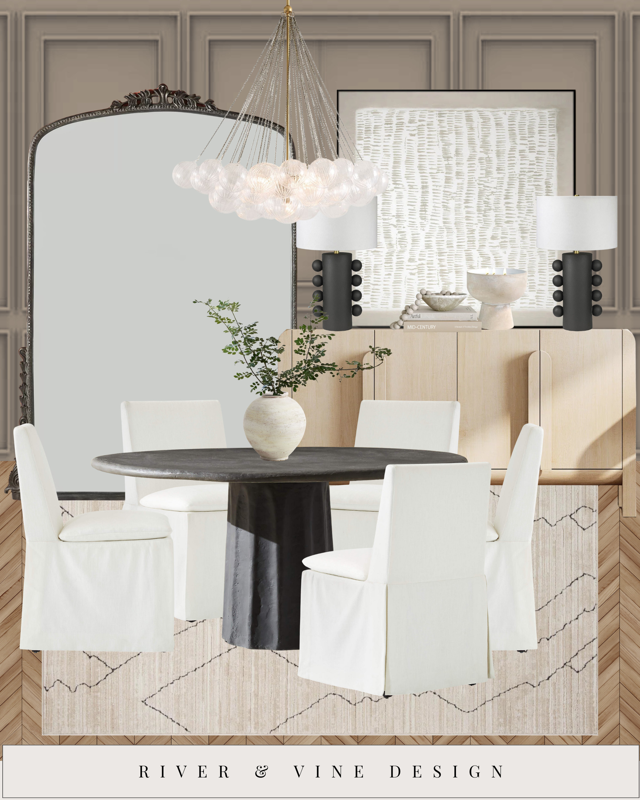 Effortless modern dining room decor meets Parisian-inspired elegance. 🤍✨
Think oversized vintage-style mirror, slipcovered dining chairs, black pedestal table, neutral rug, sculptural chandelier — all the cozy, elevated neutral home decor vibes in one space.

This look blends modern farmhouse, transitional dining style, and soft minimalist design with light wood tones, black accents, and collected ceramics. Everything you see is linked — dining table, slipcover chairs, chandelier, sideboard decor, large wall mirror, neutral rug, and more.

Perfect if you're designing a cozy neutral dining room, updating your open concept dining area, or just saving inspo for your dream home.

Tap to shop the full look and follow for more interior design finds, affordable home decor, and designer-style moodboards 🛋️🖤 

 #LTKHome