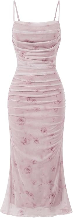 GORGLITTER Women's Floral Ruched Bodycon Midi Dress Mesh Sleeveless Fishtail Cami Dresses | Amazon (US)