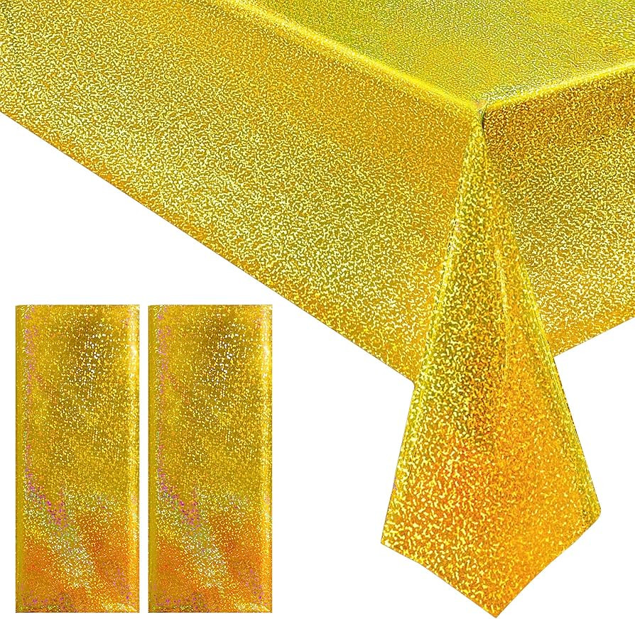 2 pcs Gold Holographic Party Tablecloths 40" x 108" Laser Shiny Table Cloths Plastic Glitter Foil... | Amazon (US)