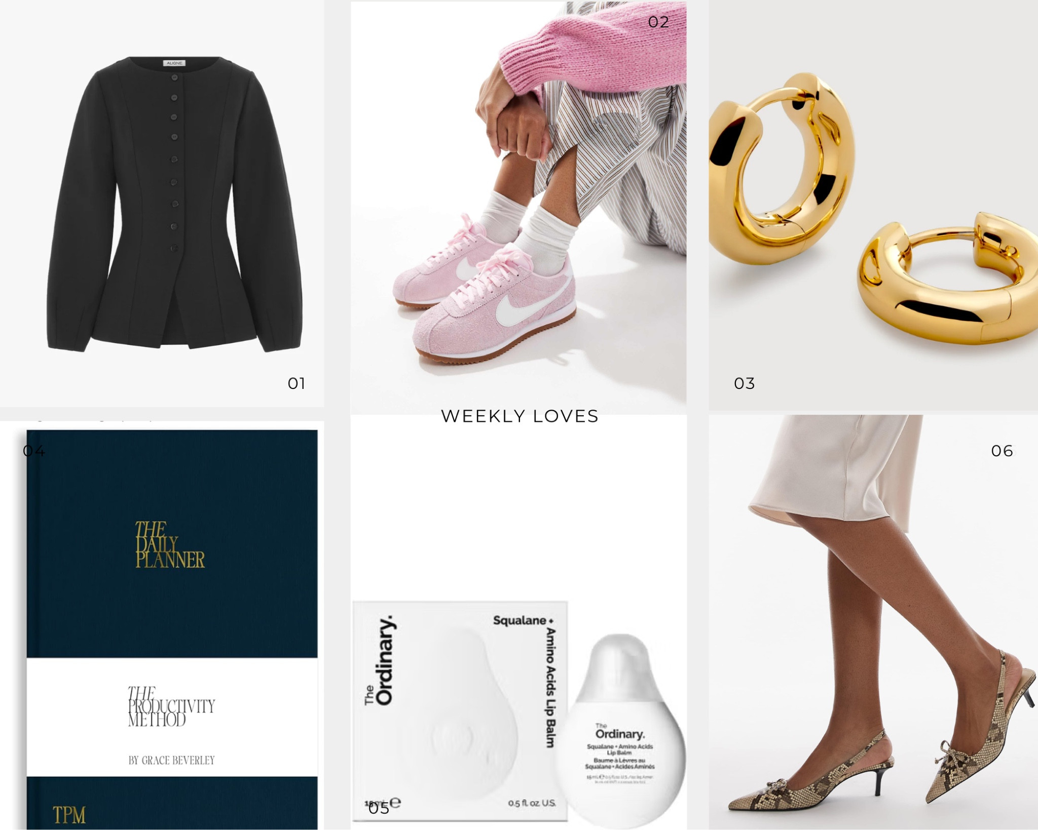 Weekly loves - 3.2.25 •
•
1. Aligne blazer - I will always love a blazer, you can throw it on with jeans, joggers or a matching trouser and always feel put together. We are seeing a lot more waist focus in tailoring for 2025 and Aligne have nailed the structure to achieve just that! 
•
2. Nike trainers - the bubblegum pink colour trend for 2025 is strong and could these be the trainers that take over from the adidas handball spezials?!
•
3 Gold hoops - a staple item to own, invest in a good pair and they’ll last you a lifetime. 
•
4. Daily planner - if you like writing lists then this planner is for you, it helps you prioritise your tasks into quick ticks or bigger projects. 
•
5. Want juicy lips? The ordinary have you sorted. 
•
6. Snake skin - let’s not forget about leopard print but snakeskin is having its moment and if you want to add it to an outfit then these shoes are a subtle (but chic) way to wear the print!

#LTKeurope #LTKshoes #LTKstyletip