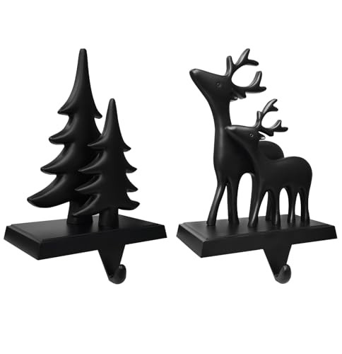SietDESEO Black Stocking Holder for Mantle Set of 2 Christmas Tree Reindeer Stoking Hangers Xmas Stocking Hook for Mantel Fireplace Christmas Stocking Holder | Amazon (US)