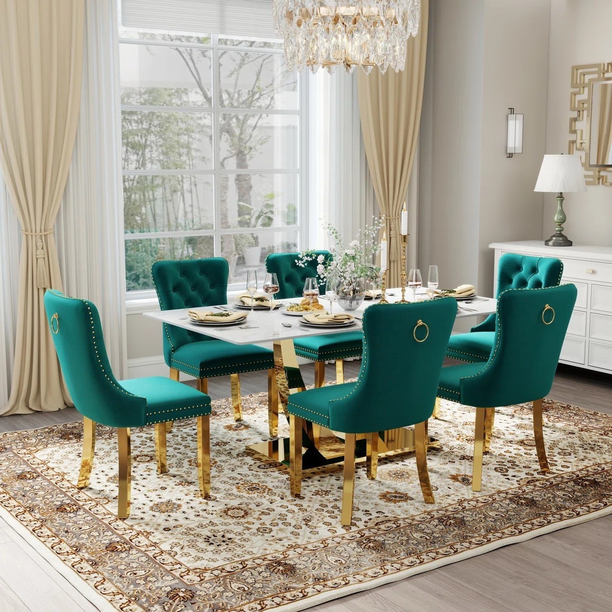 Dine like you’re in a French chateau with a regal dining table set. The Hoppus 6 - Person Pedestal Dining Set is ON SALE and under $1,500.

Keywords: Luxury dining, luxury dining set, modern dining table set, modern dining table, dining table set, faux marble dining set, 4 person dining set, 6 person dining set, glass dining set, rectangular dining set, dining room, formal dining room, plush chair dining set

#LTKSaleAlert #LTKHome #LTKdayinmylife