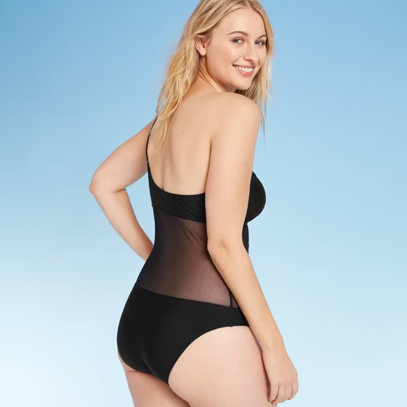 Women's Tall/Long Torso One Shoulder Mesh Inset One Piece Swimsuit - Shade & Shore™ Black | Target