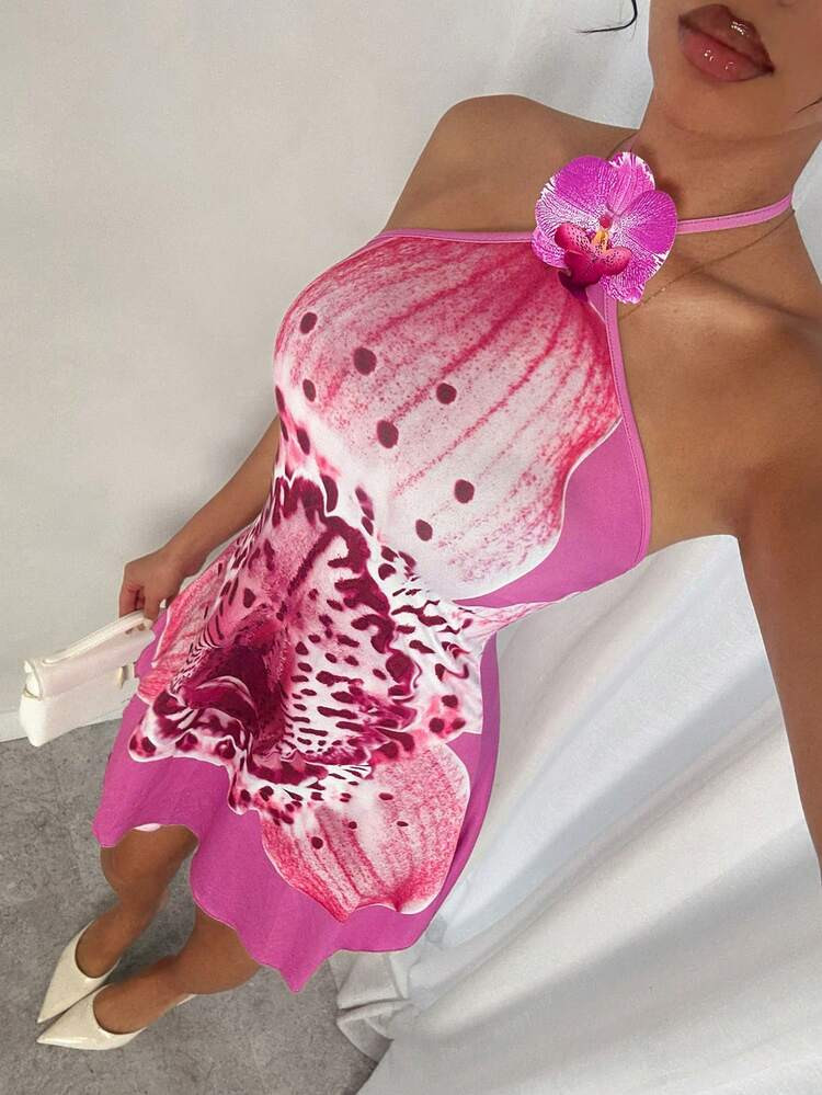SHEIN Glamour Simple Sexy Vacation Style Purple Halter Neck Dress With 3D Floral Decor And Asymmetric Hem, Suitable For Outdoor, Vacation Outfits Flower Dress Pink Dress Pink Halter Dress Summer Dress Orchid Dress Floral Print Dress Pink Flower Dress,Beach Vacation Outfit,Summer Outfits,Wedding Guest Dress,Graduation Dress,Vacation, Going Out , Flower Print Dress | SHEIN