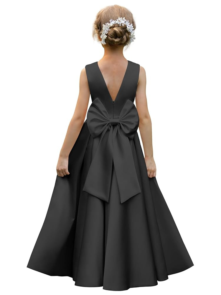 Satin Flower Girl Dresses for Wedding Floor Length Backless Princess Pageant Dress with Bow Pearl... | Amazon (US)