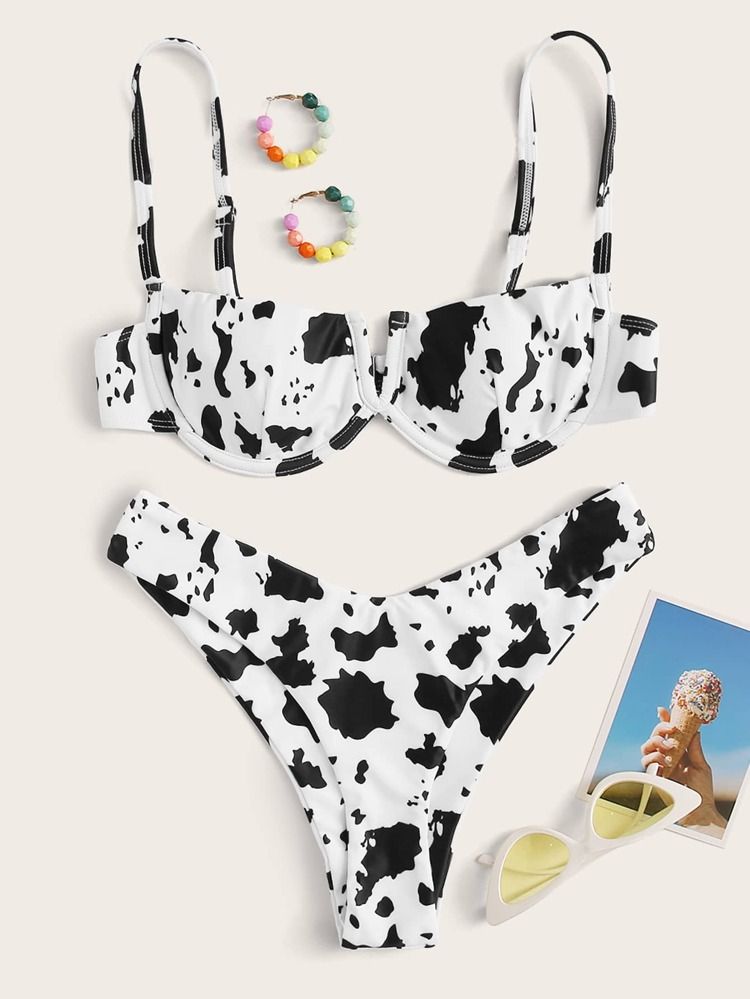 V-wired Random Cow High Leg Bikini Swimsuit | SHEIN
