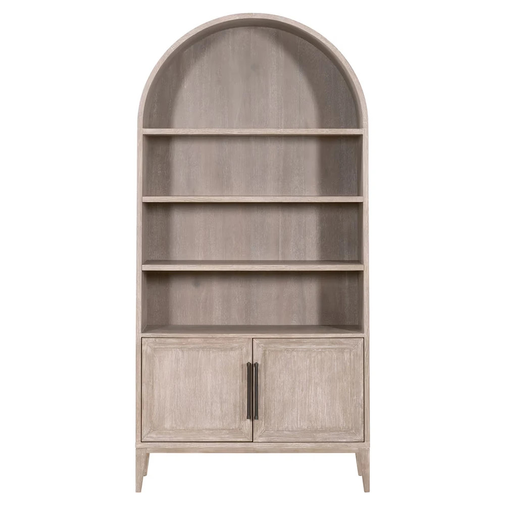 Albina French Country Grey Acacia Wood Arched Storage Bookcase | Kathy Kuo Home