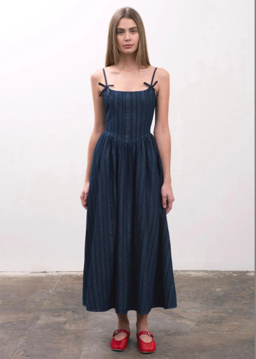 Georgia Bow Strap Midi Dress - Denim M | Alice & Wonder