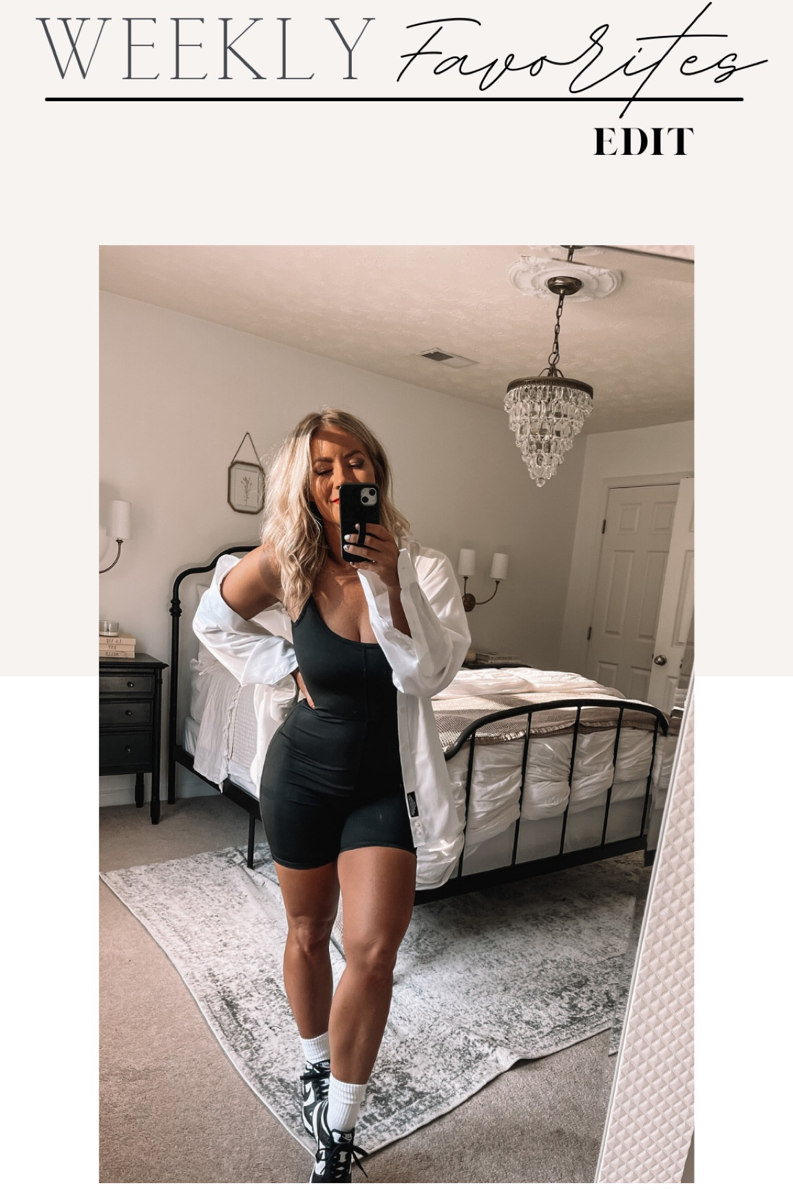 White cotton button up shirt, black athleisure unitard, Nike sneakers

#LTKfit #LTKFind #LTKU