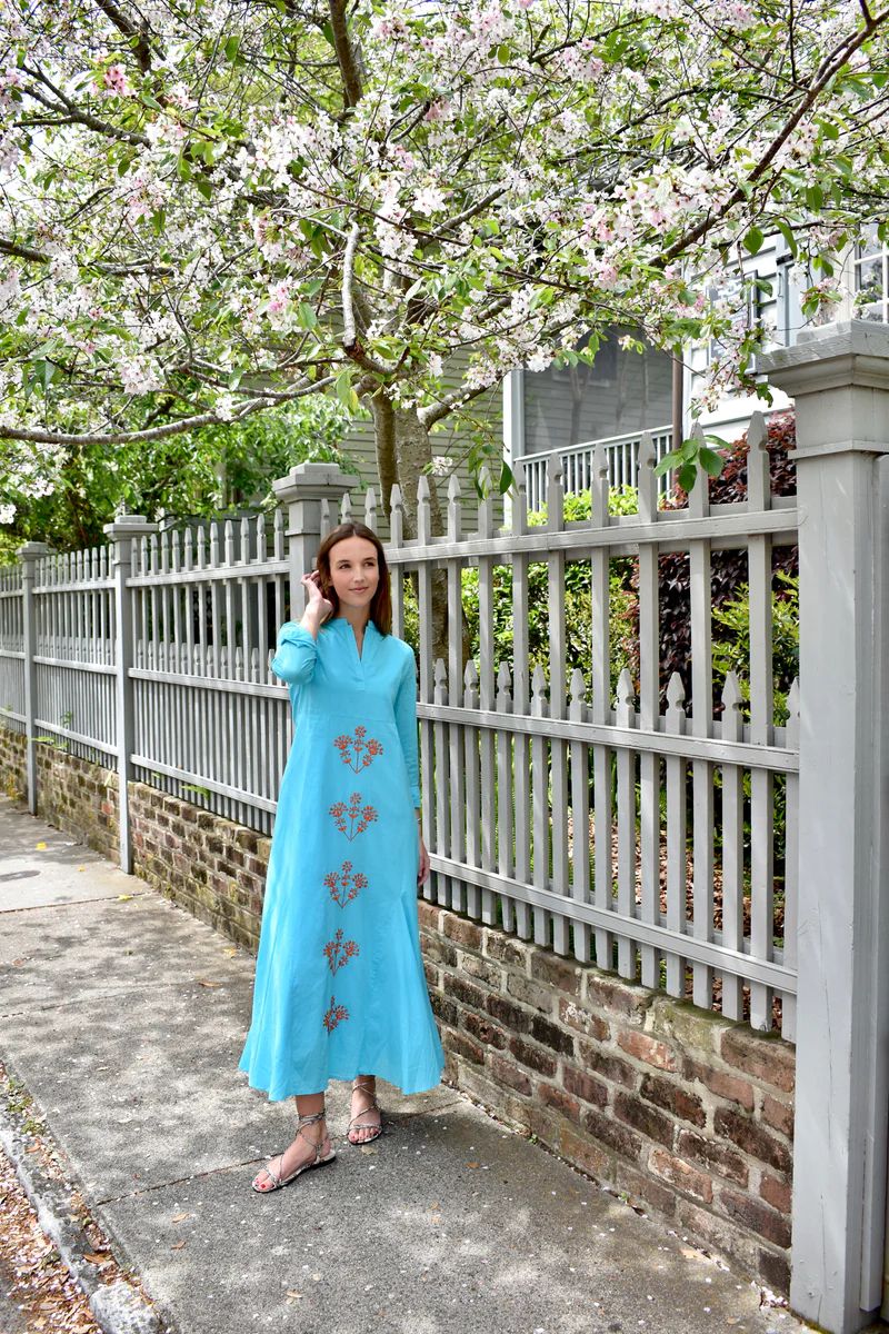 Mallory Maxi Dress Turquoise with Orange Embroidery | Madison Mathews