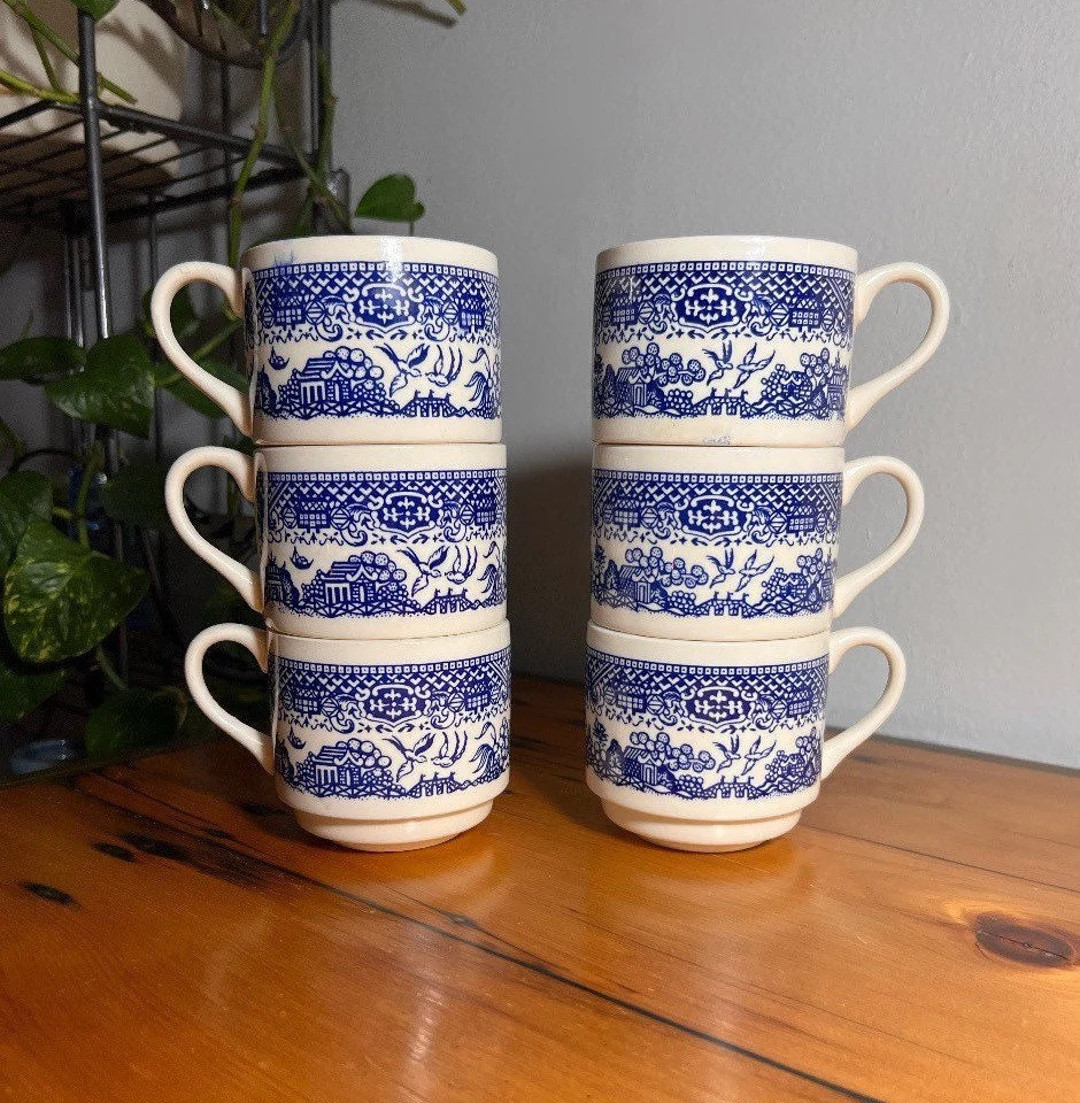 Vintage Blue Willow Stackable Tea / Coffee Mugs. Ceramic With Blue Transfer Detail USA MADE Set o... | Etsy (US)