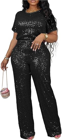 Vaceky Women's Sparkly Sequin T-Shirt & Pants Set Crewneck Short Sleeve Top Straight Leg Baggy Tr... | Amazon (US)