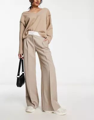 Miss Selfridge foldover waistband wide leg pants in taupe | ASOS (Global)