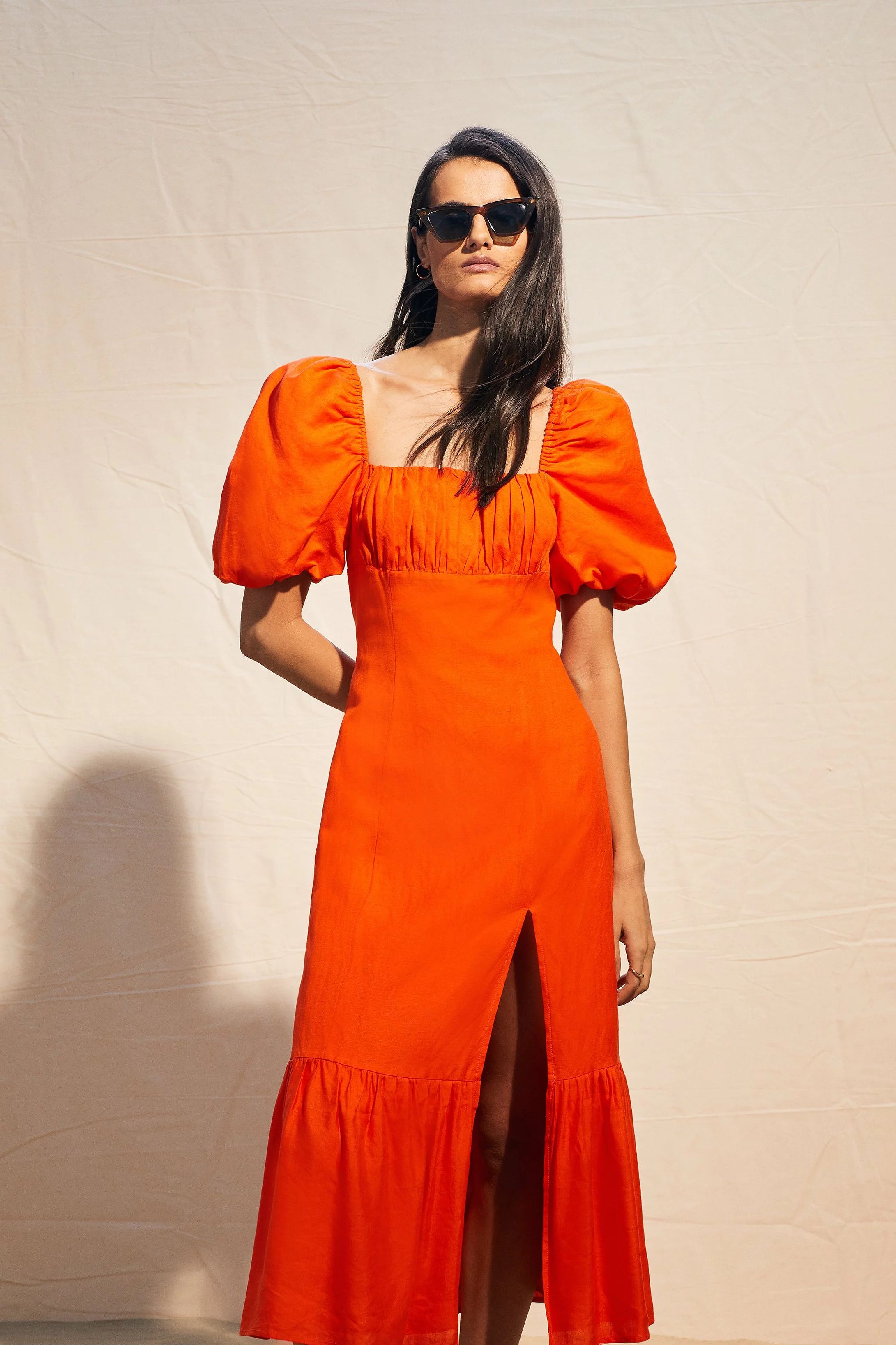 Linen Viscose Puff Sleeve Midi Sundress | Karen Millen UK + IE + DE + NL